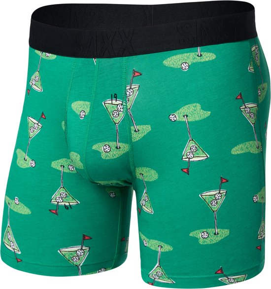 Groene boxershort met een print van golfbanen met martini glazen, golfballen en vlaggetjes.