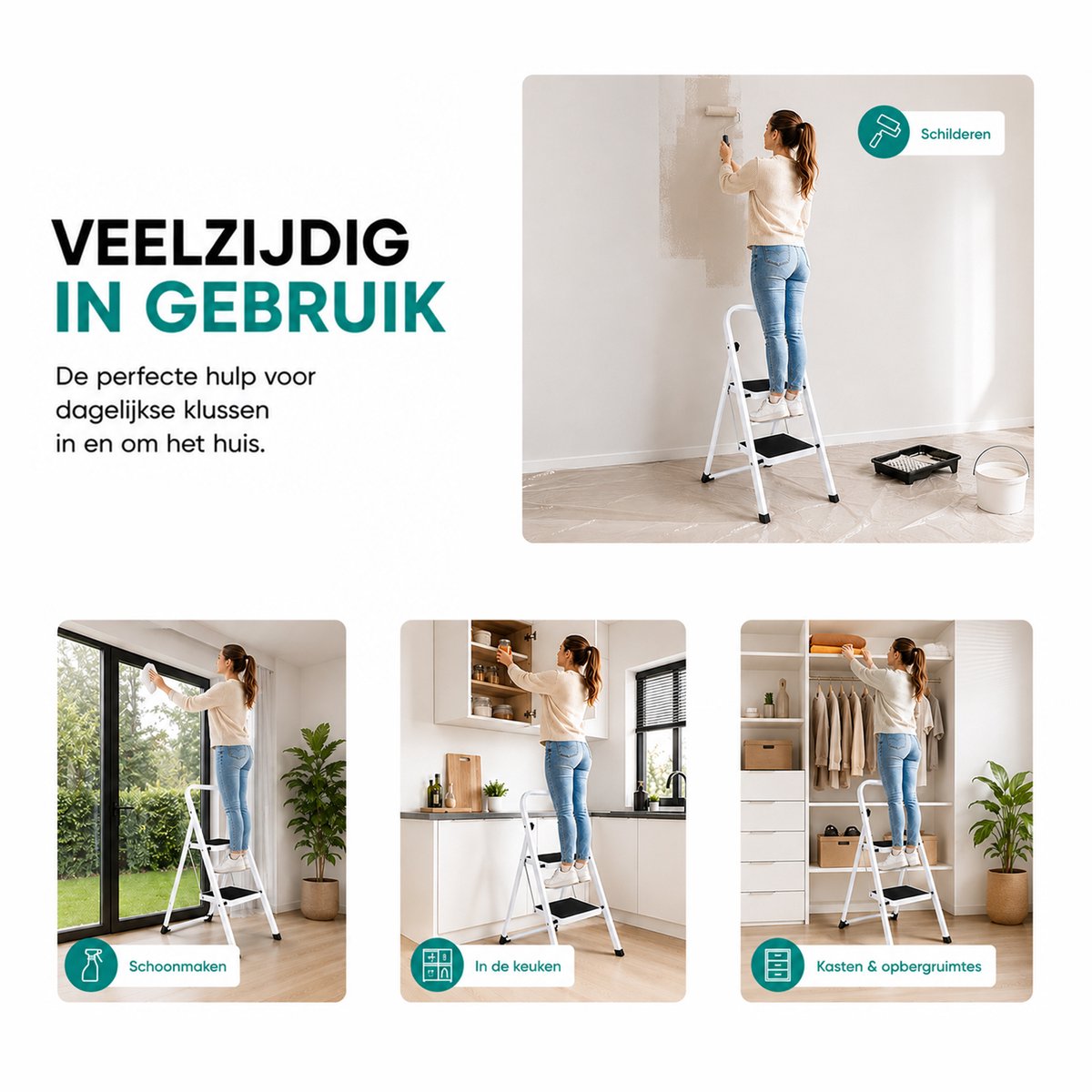 Eurocatch Huishoudtrap 2 Treden - Opvouwbare Keukentrap met Leuning - Antislip Opstapje - Stalen Trapladder - Max. Belastbaar 150 kg - Compact en Veilig – foto 3