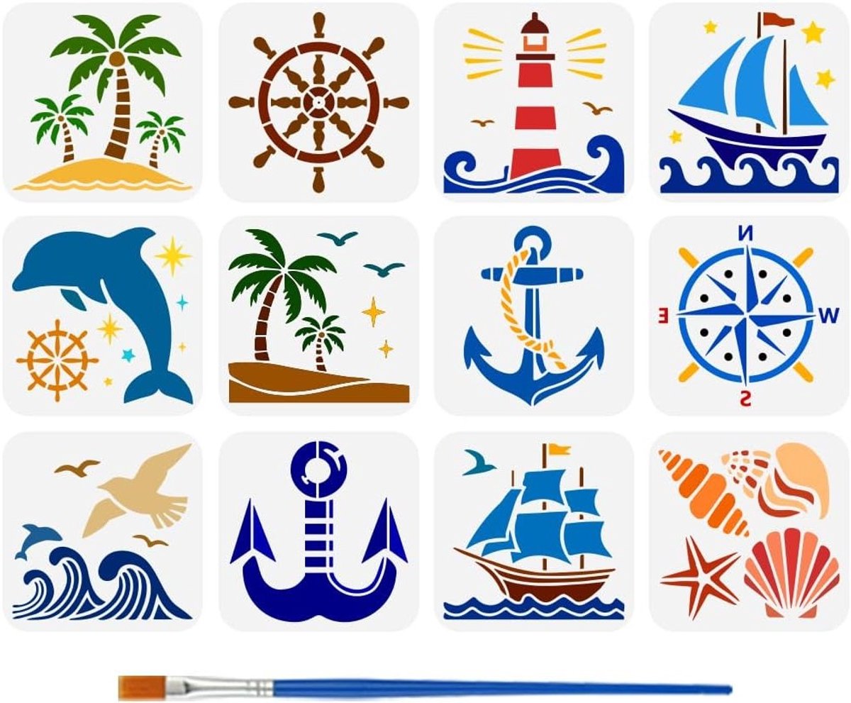 12 Stuks Ocean Motief Schilderstencils met Kwast 15x15cm voor Boot, Vuurtoren en Zeedieren Decoratie op Hout en Meubels