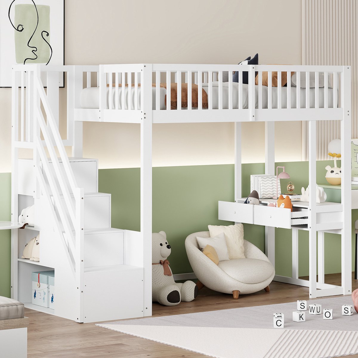 MEUNIQ Hoogslaper 90x200 met bureau, opbergtreden en uitvalbeveiliging, eenpersoons kinderbed voor kinderkamer, wit White