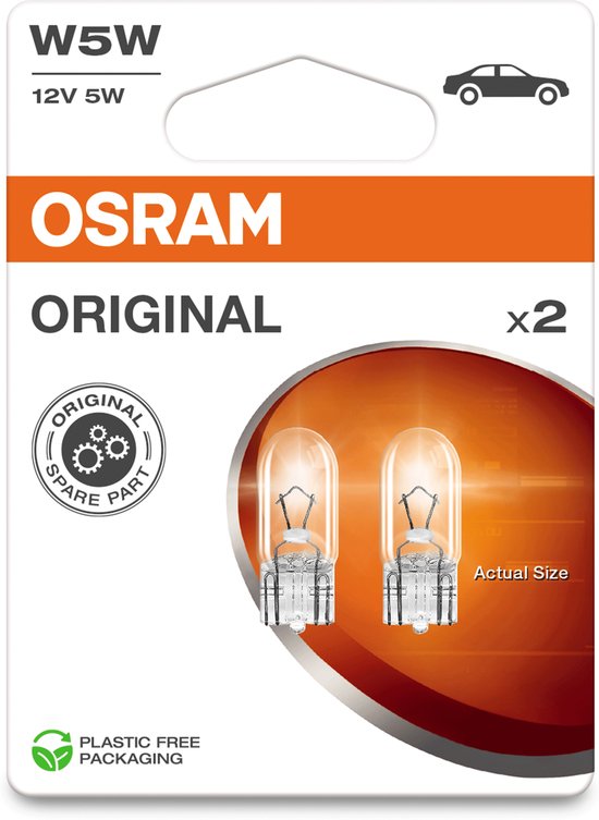 OSRAM originele W5W 12V 5W lampjes in plasticvrije verpakking, met "Actual Size" aanduiding.