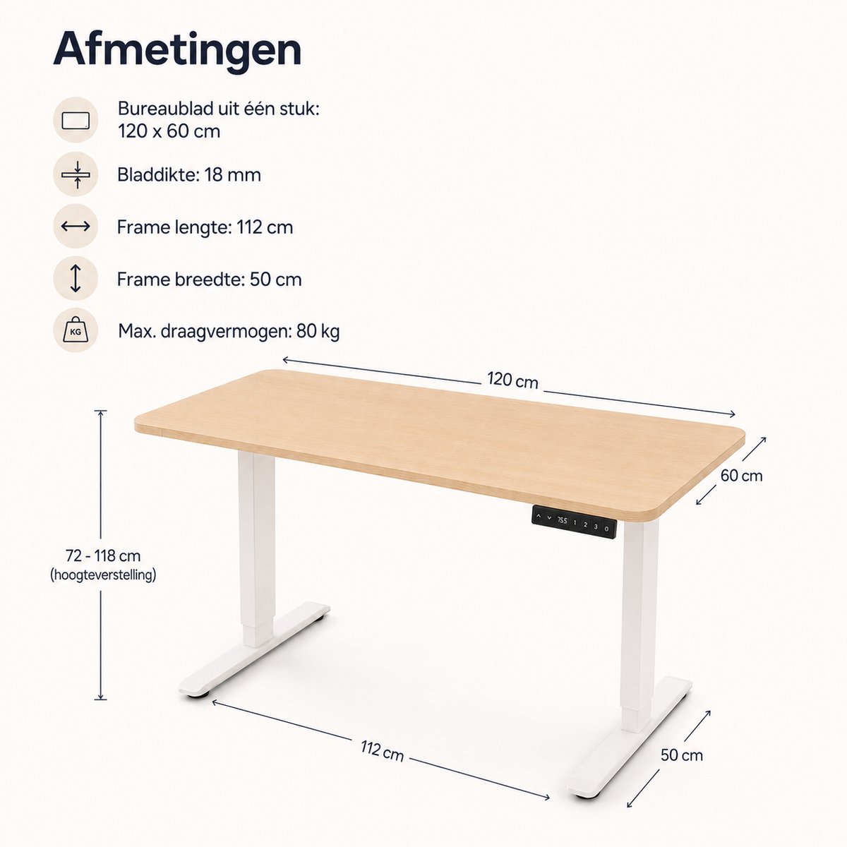 YYchan Zit Sta Bureau Elektrisch 120x60 - Gaming Bureau - Elektrisch verstelbaar - Tafelblad uit één stuk - Geheugenbediening, Stabiel T-Frame, met Koptelefoonhaak - Hoogteverstelbaar 72–118 cm - Eiken Wit thumbnail 3