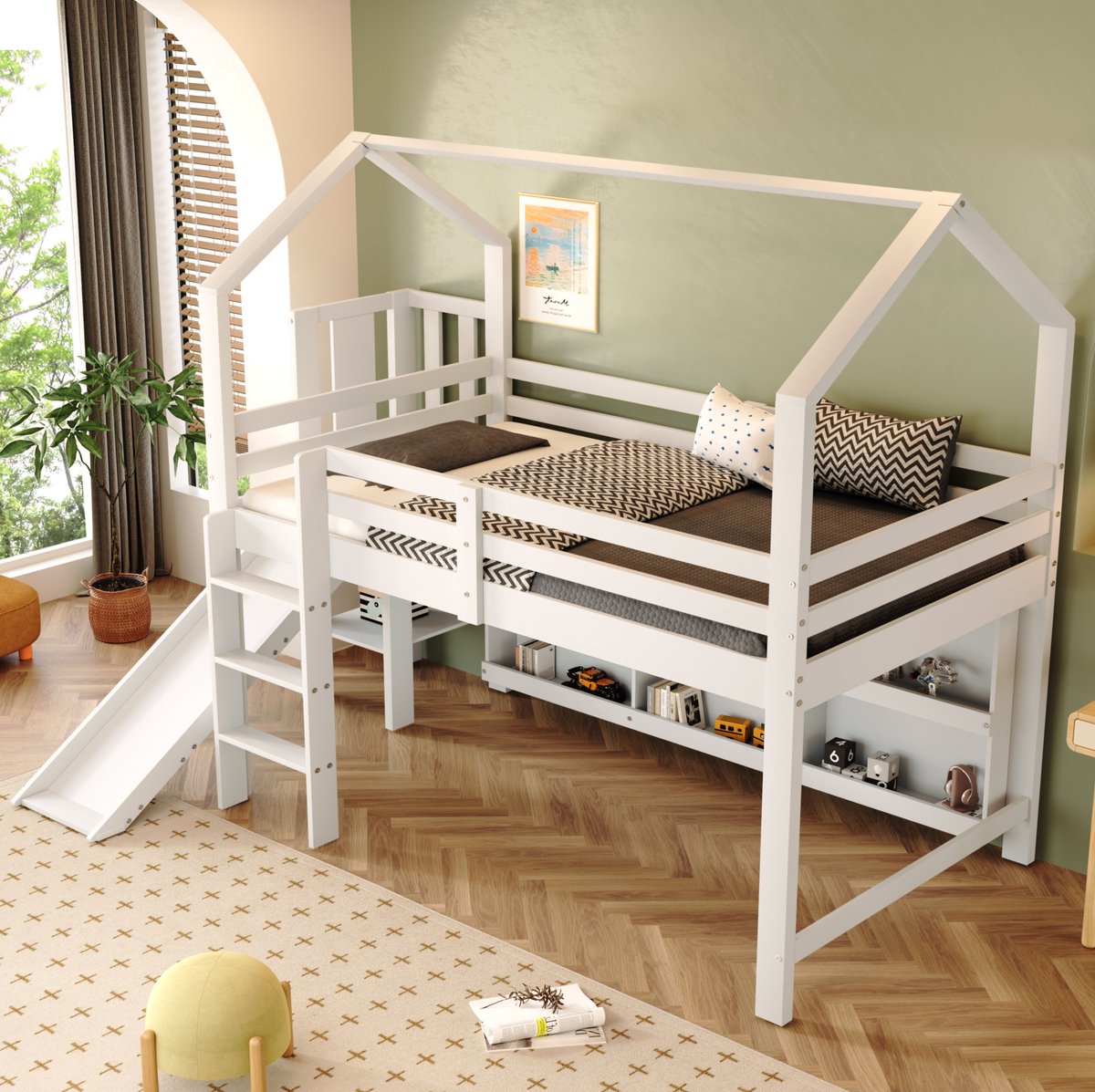 MEUNIQ Kinder hoogslaper 90x200 cm met glijbaan, trap, opbergkasten en opbergrek, lattenbodem inbegrepen, zonder matras, wit White