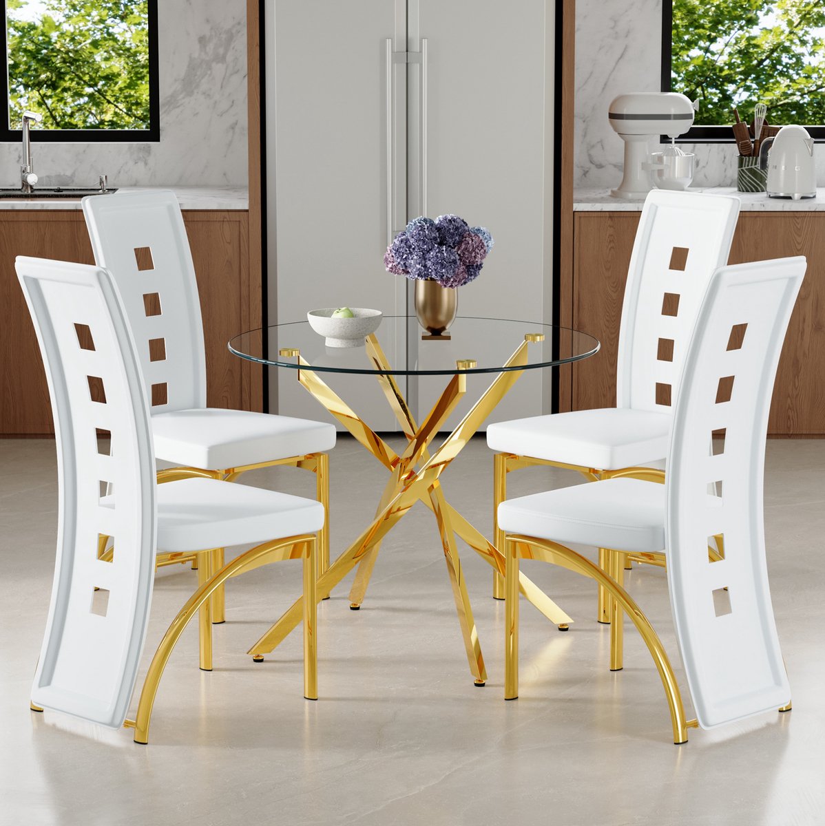 HAUSS SPOLE Set Tafel En Stoelen - Ronde Eettafel Met 4 Stoelen - Gehard Glas En Geometrische Rugleuning - Voor Eethoek En Keuken - Wit Goud Transparant
