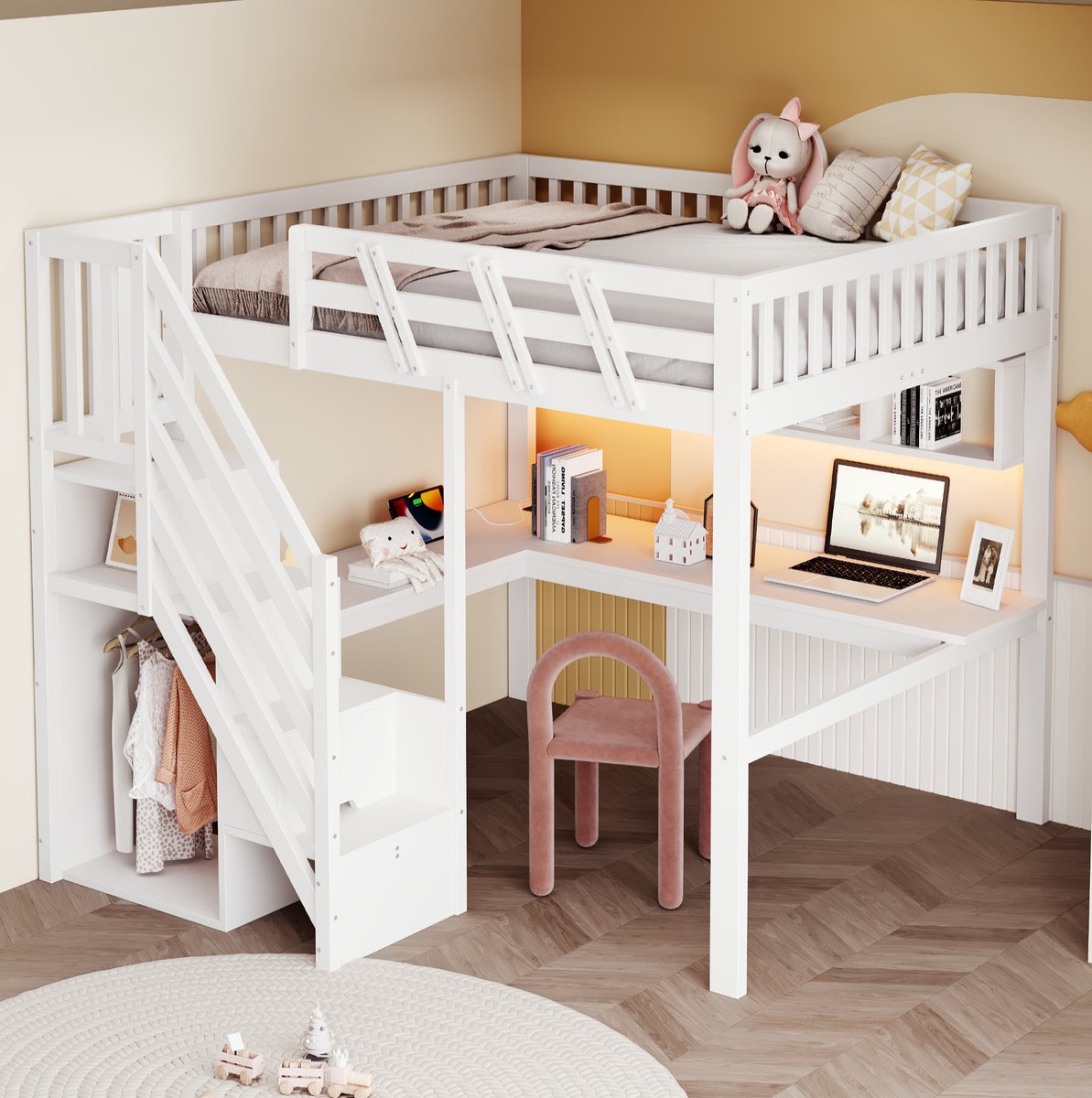 MEUNIQ Hoogslaper 140x200 cm met bureau, opbergtreden, opbergrekken, LED-verlichting en USB-/stopcontactfunctie voor kinderkamer, wit