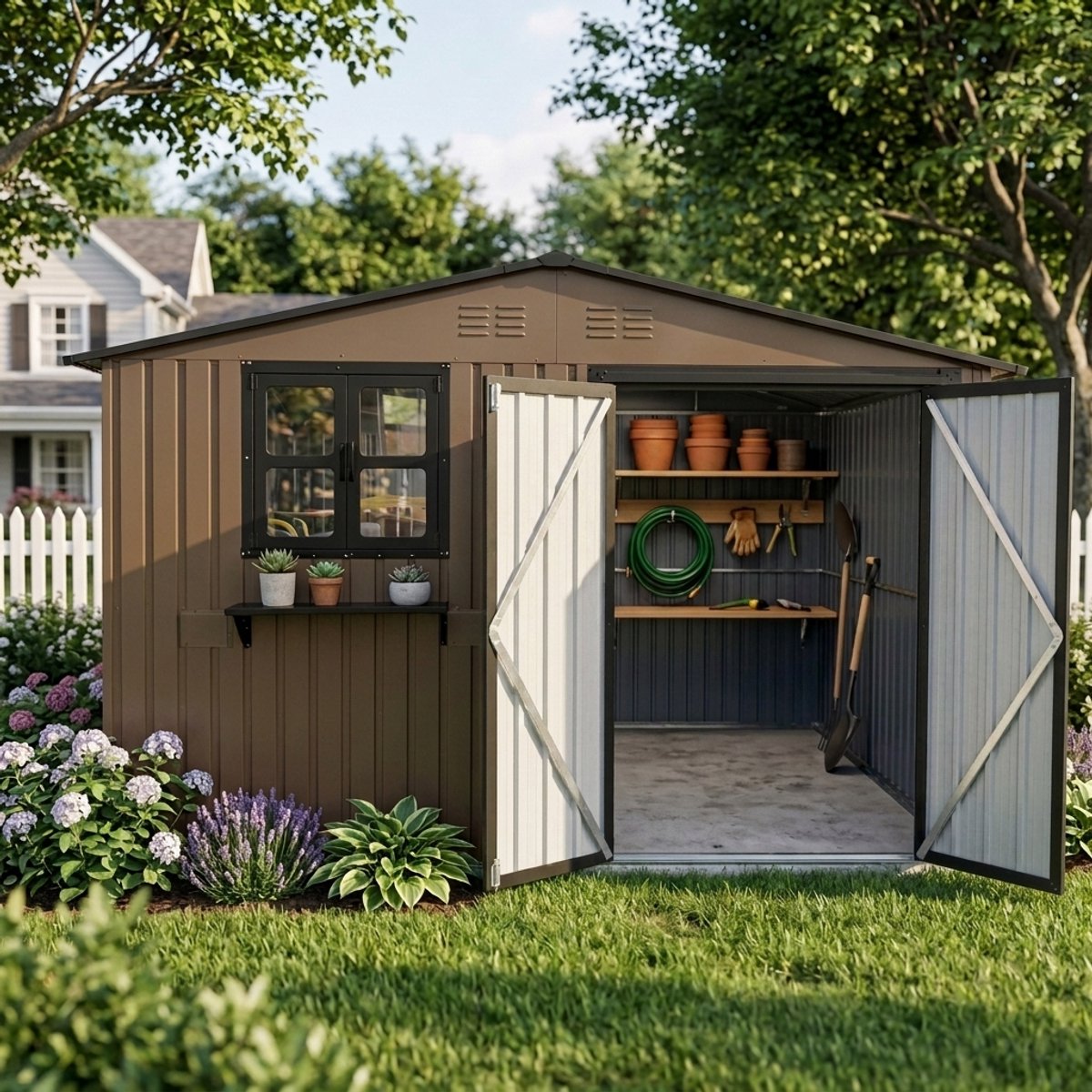 Tuinhuis - Metaal Gereedschapsschuur - Tuinhuis met Schuin Dak- Outdoor Tuinopslag - Weerbestendig - 313 x 255 x 199 cm - Met twee ramen - Waterdicht - Bruin