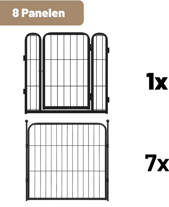 Zwart metalen puppyren: 1x paneel met deur, 7x standaard panelen. 8 panelen in totaal.