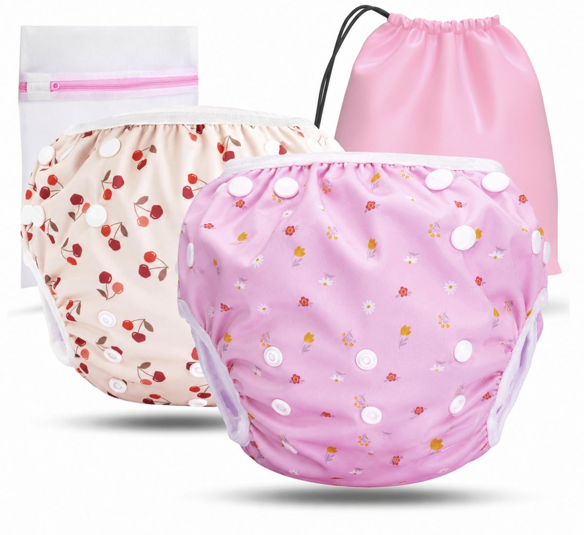 Set van 2 zwemluiers voor baby's, 0-3 jaar, huidvriendelijke zwemluiers, herbruikbaar en absorberend, babyzwemluier met tas en wasnet (kersen en raosa bloemen 2 stuks)