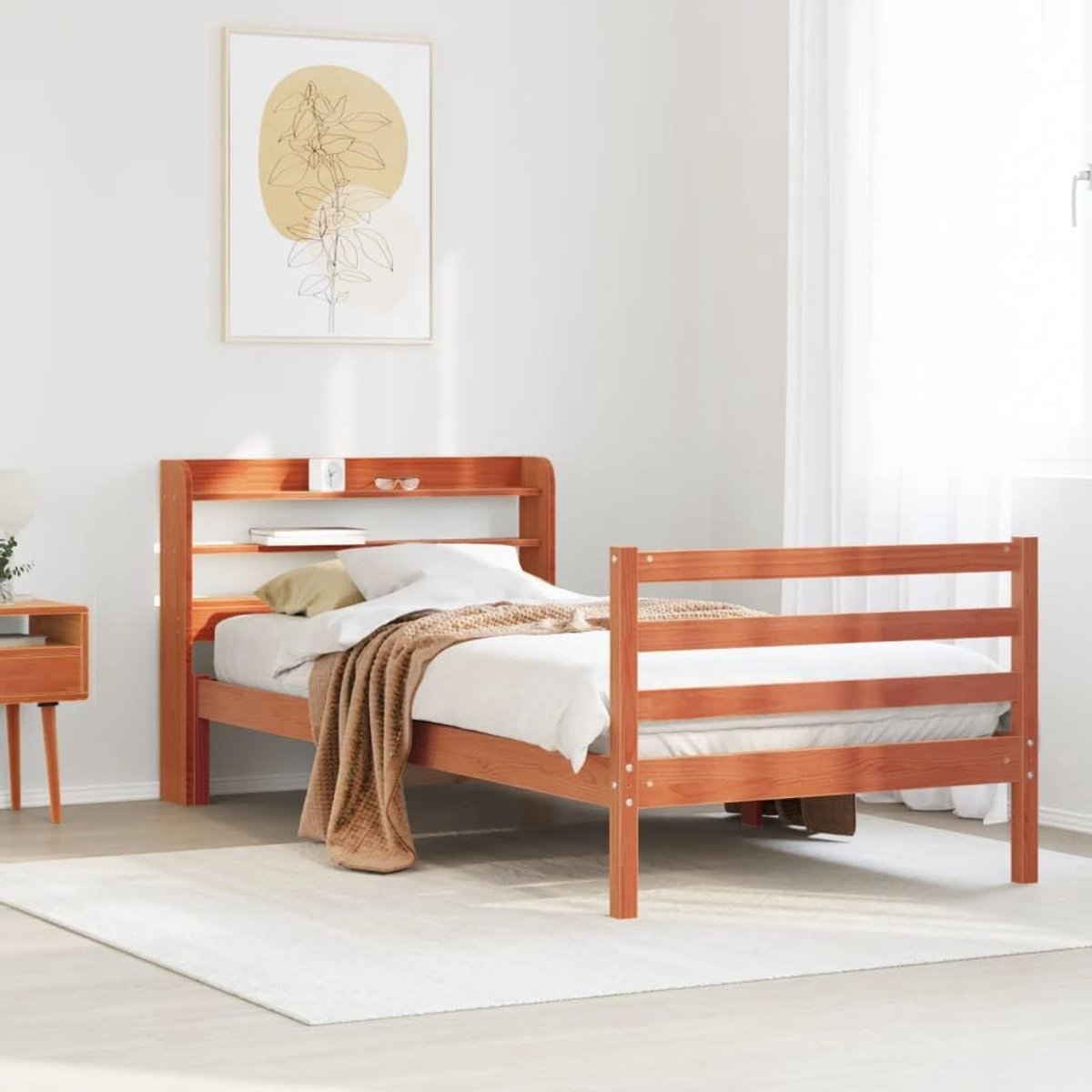 Houten Bedframe - Bed met hoofdbord - Rustgevende Slaap - Hoofdbord met legplanken - 75 x 190 cm - Wasbruin