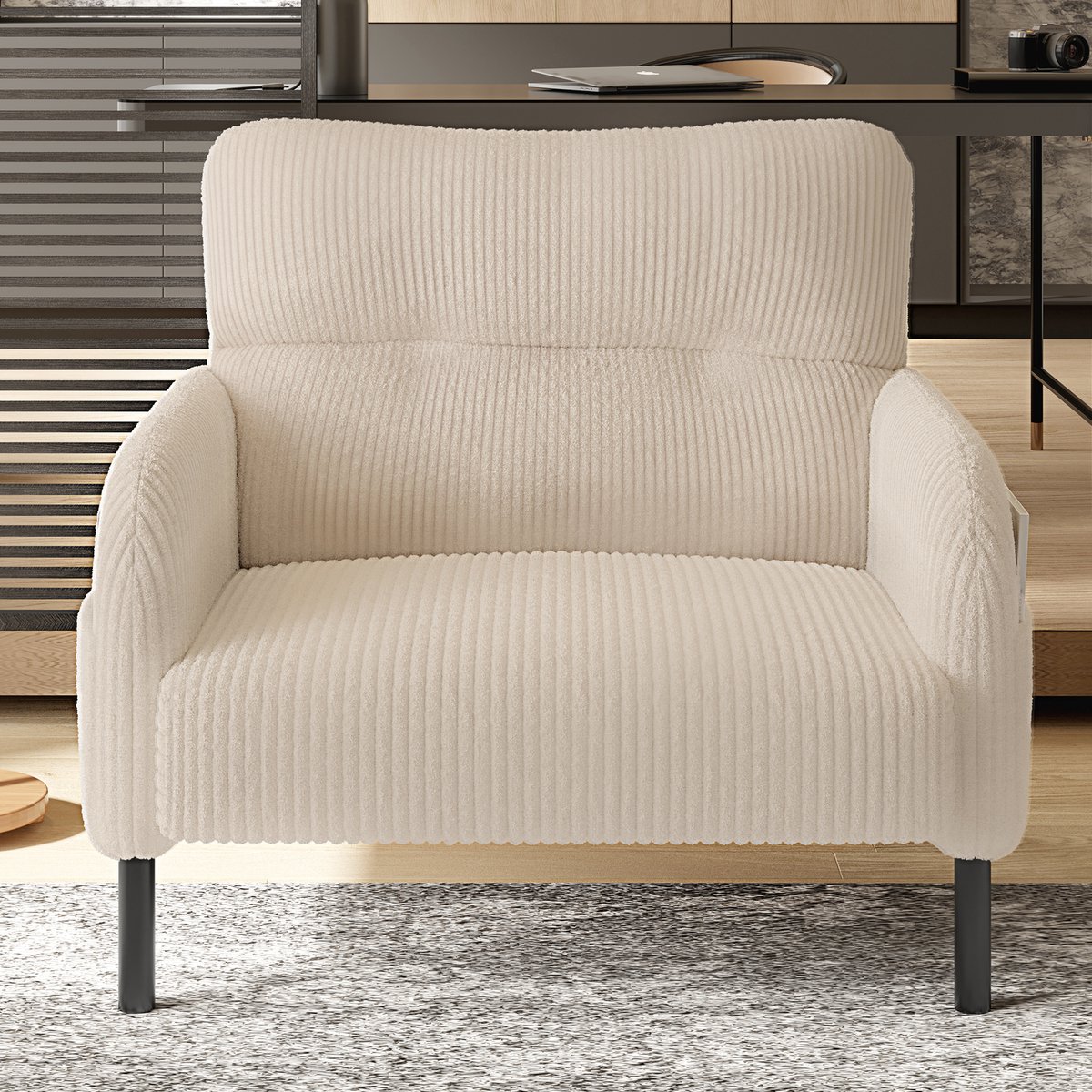 DESMIU Zitbank 120 Cm - 2-Zits Met Zijtas En Ergonomische Rugleuning - Voor Woonkamer En Werkkamer - Cord Beige