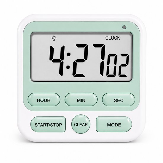 Witte digitale timer met lichtgroene rand en knoppen. Toont 4:27:02. Knop labels: HOUR, MIN, SEC, START/STOP, CLEAR, MODE.