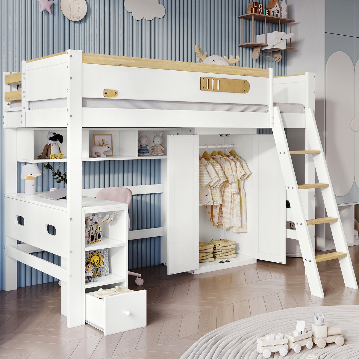 MEUNIQ Hoogslaper kinderbed 90x200 cm met bureau, kledingkast, open vakken, uitvalbeveiliging en trap in wit/naturel voor de kinderkamer White+Natural