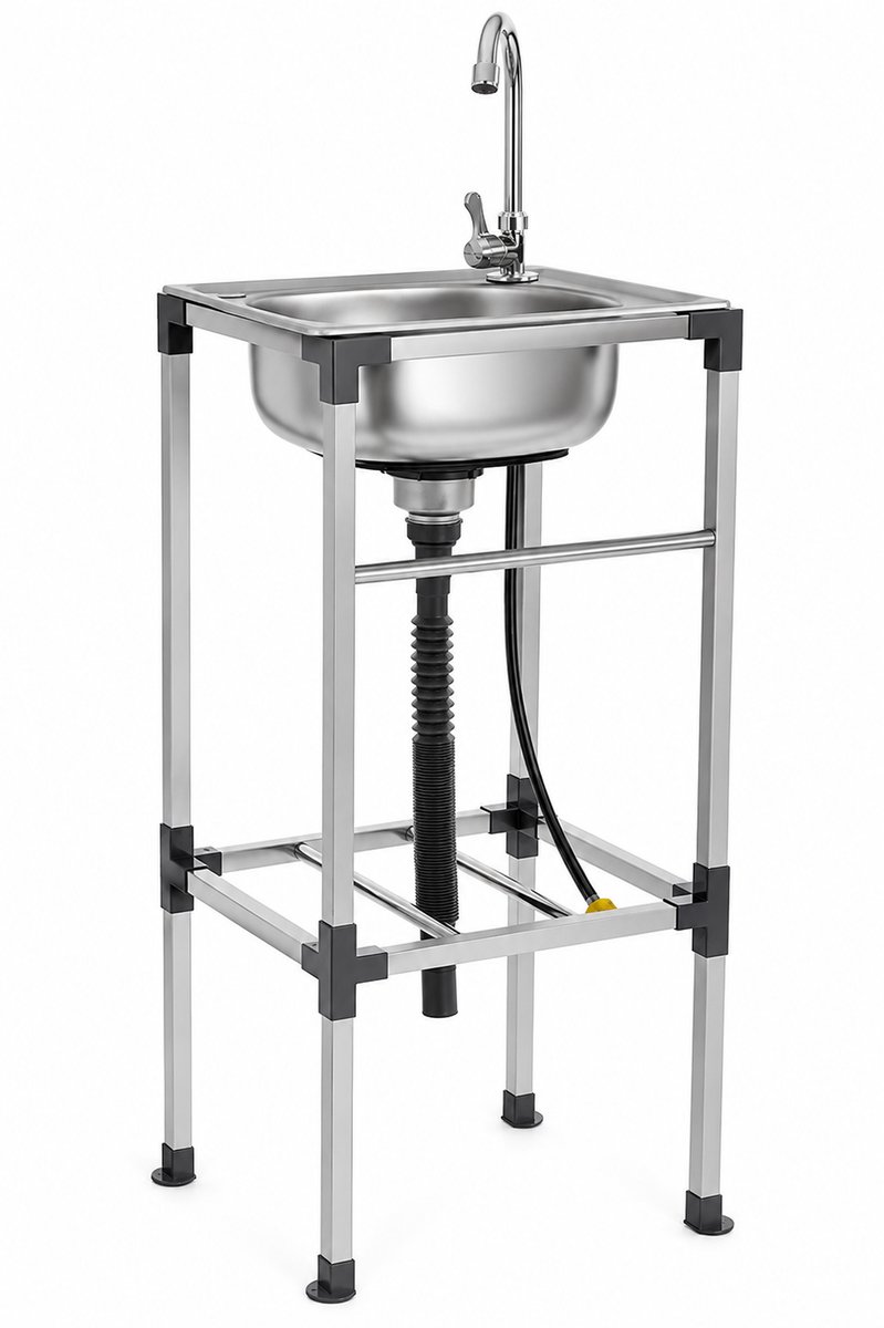 CINK Home® – Vrijstaande Roestvrijstalen Spoelbak met Kraan | 83 cm Hoog | 42×37 cm | RVS Wasbak met Afvoer & Opbergrek | Voor Binnen & Buiten | Eenvoudige Installatie