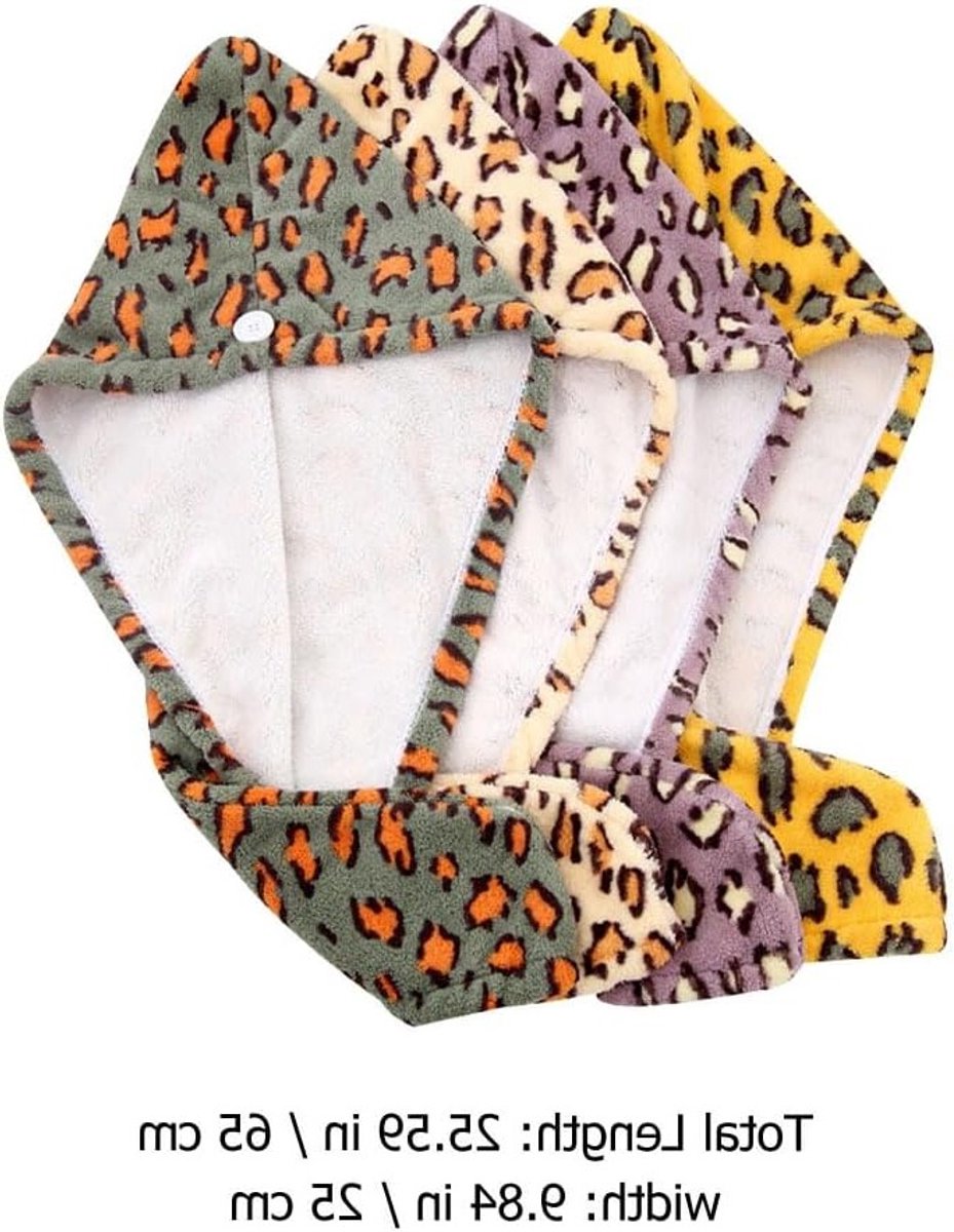 Set van 4 Microvezel Haar Turbans met Luipaardprint, Sneldrogende en Absorberende Handdoeken voor Lang Haar, Lichtgewicht en Draagbaar