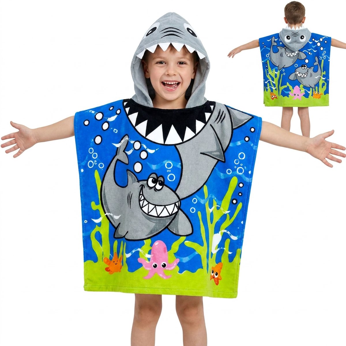 Kinder Badponcho Haai met Capuchon – Strandponcho Kind – Handdoek Poncho Kinderen – Zwemponcho Jongen Meisje – Badcape Kinderponcho Zwembad Strand – 3 tot 9 Jaar