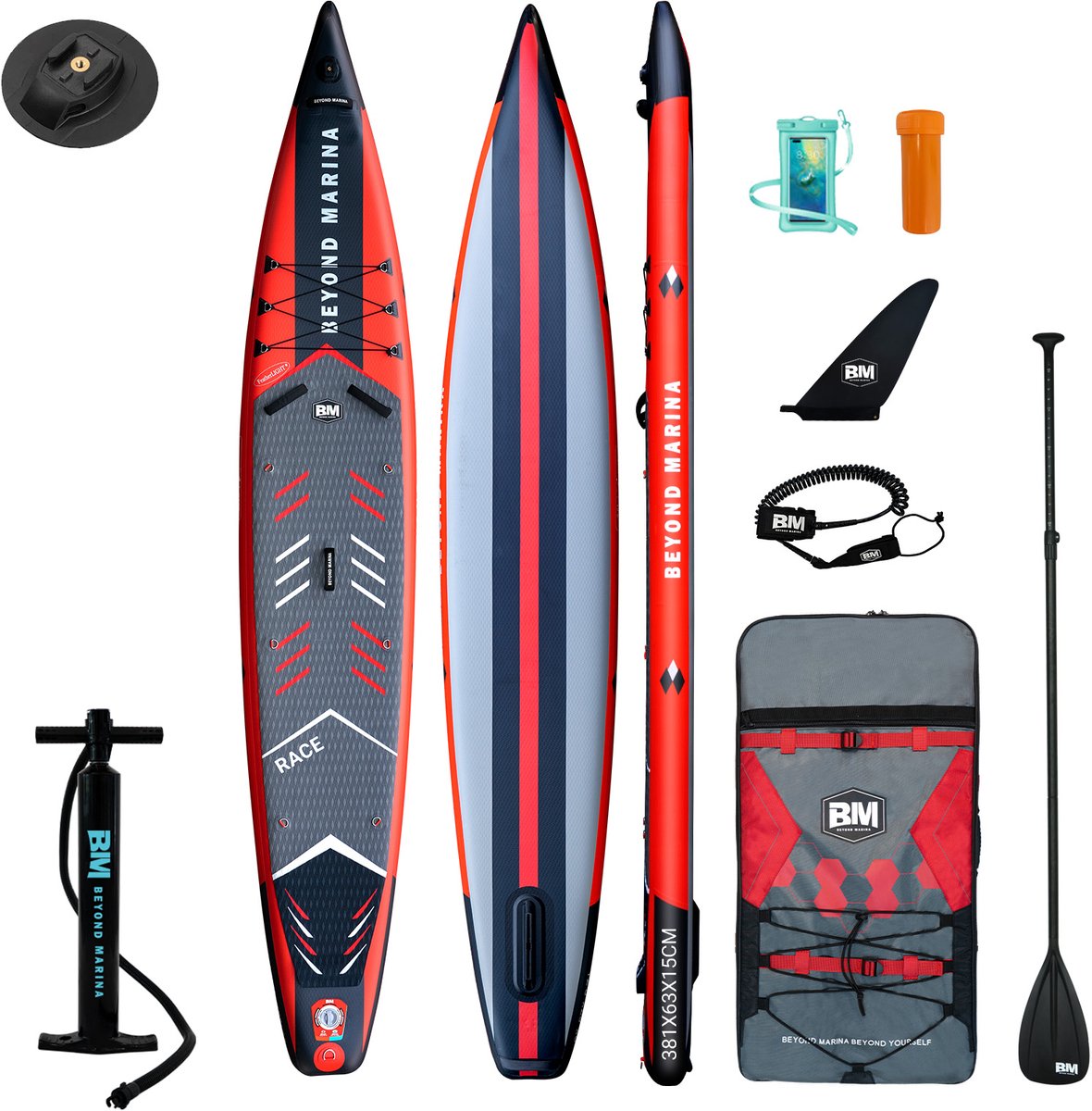 BEYOND MARINA SUP Opblaasbaar Stand-Up Paddle Board (Raceboard) | 381 x 58 x 15 cm Race-Board | Met Action-Cam houder | Complete set inclusief alle accessoires