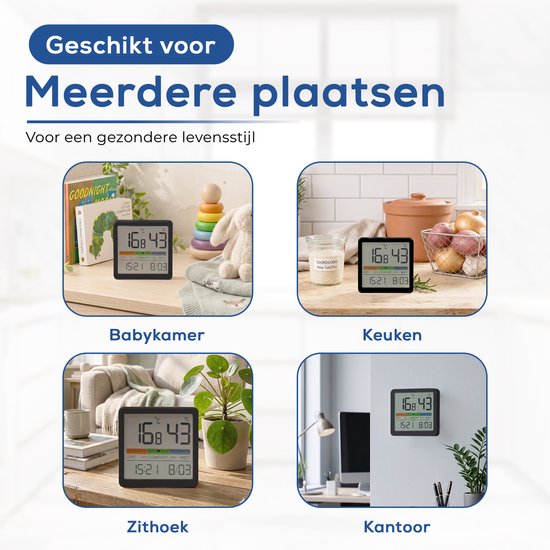 YUCONN Hygrometer - Luchtvochtigheidsmeter - Weerstation - Thermometer Binnen - Temperatuurmeter binnen - inclusief magneetstrip - Zwart