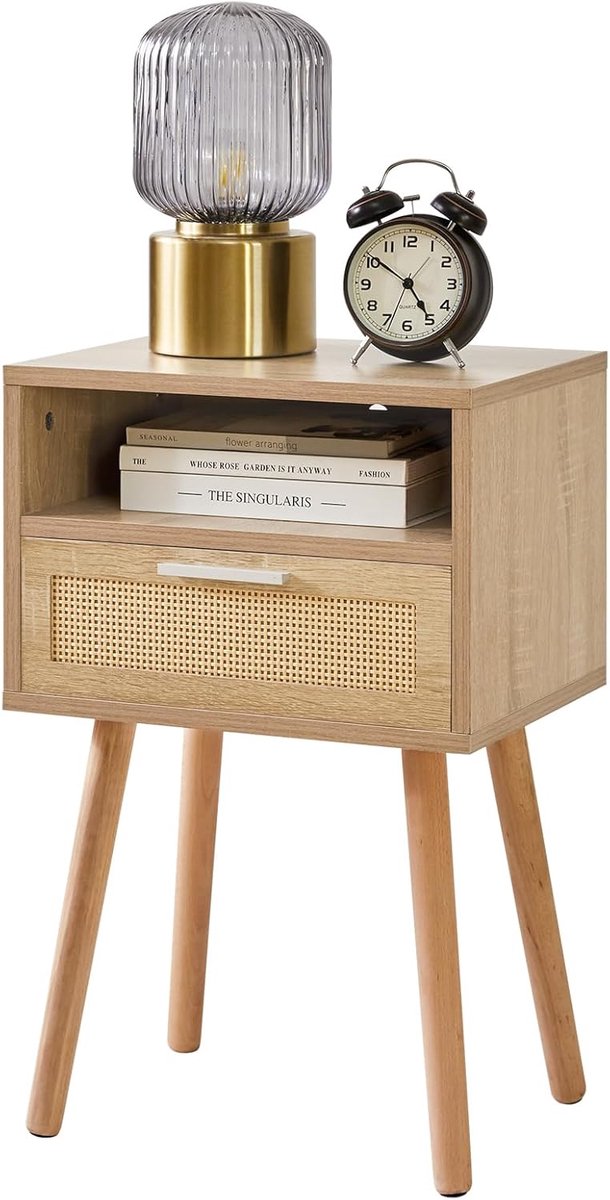 Famanu Rieten nachtkastje, boho bijzettafel met lade en open plank, houten accent, voor slaapkamer en woonkamer, natuurlijk rood