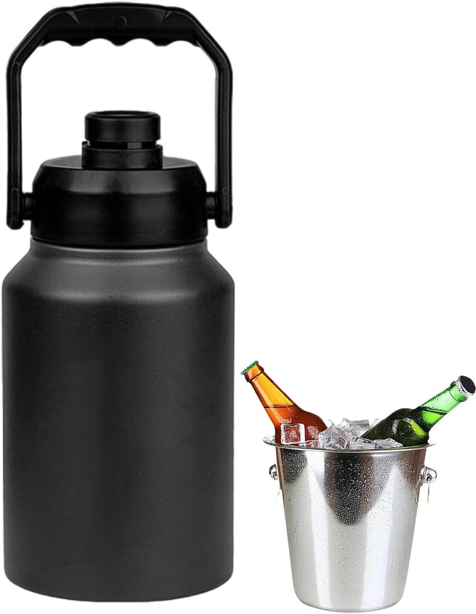IJscontainer met deksel - Thermo fles - Dranken koel houden - Dubbele vacuüm isolatie - 2 liter capaciteit - Zwart