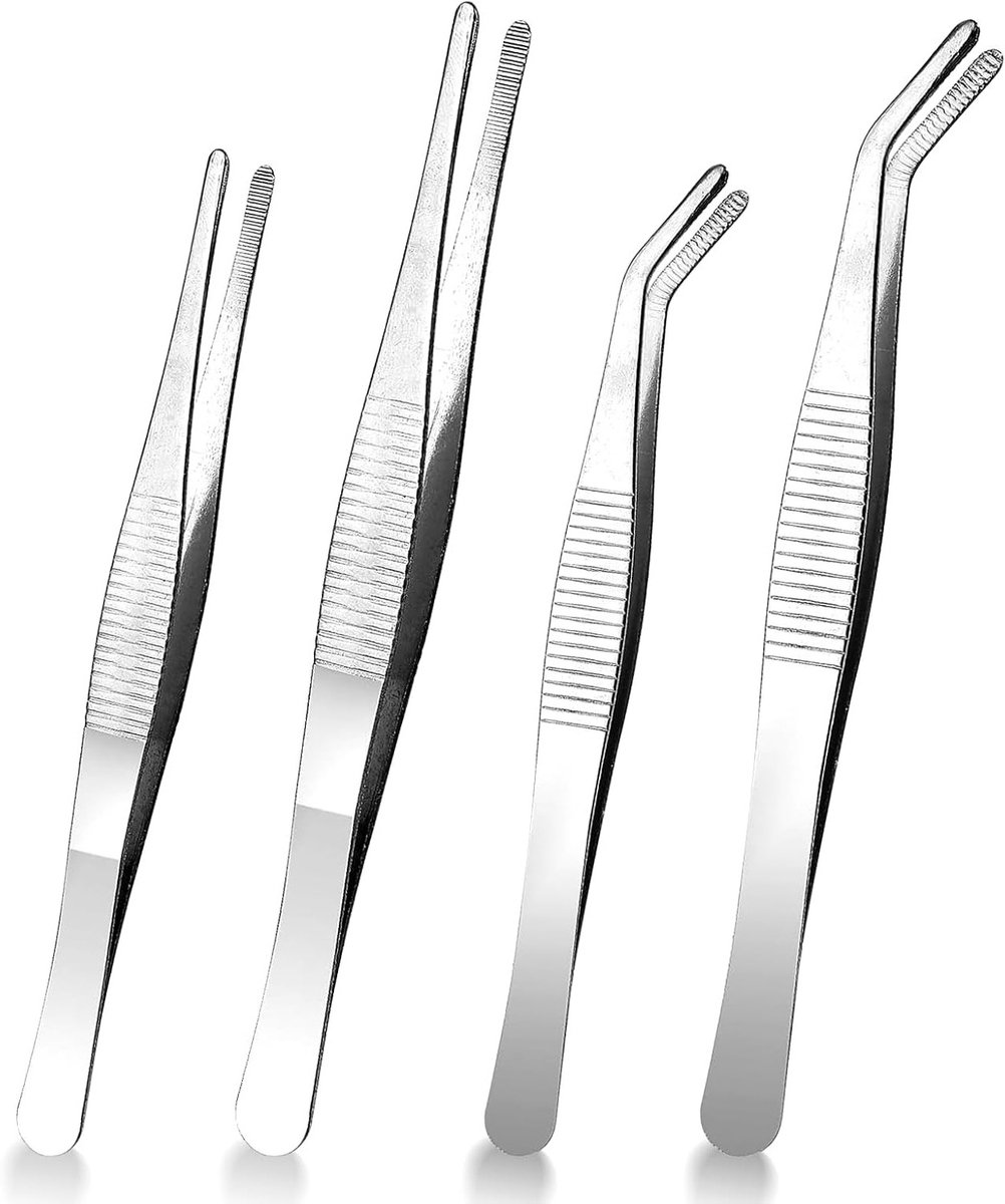 Set van 4 Gebogen en Rechte Pincetten van 16 cm - RVS Pincetten voor Elektronica, Doe-Het-Zelf Klussen en Plantenverzorging