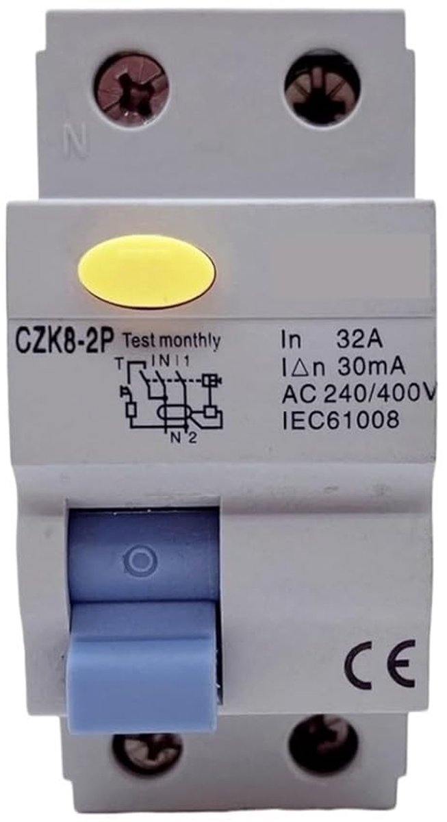 Magnetische Schakelaar - Stroomonderbreker - Huishoudelijk Gebruik - 10 kA Magnetische Beveiliging - 2P 16A 30mA - Grijs