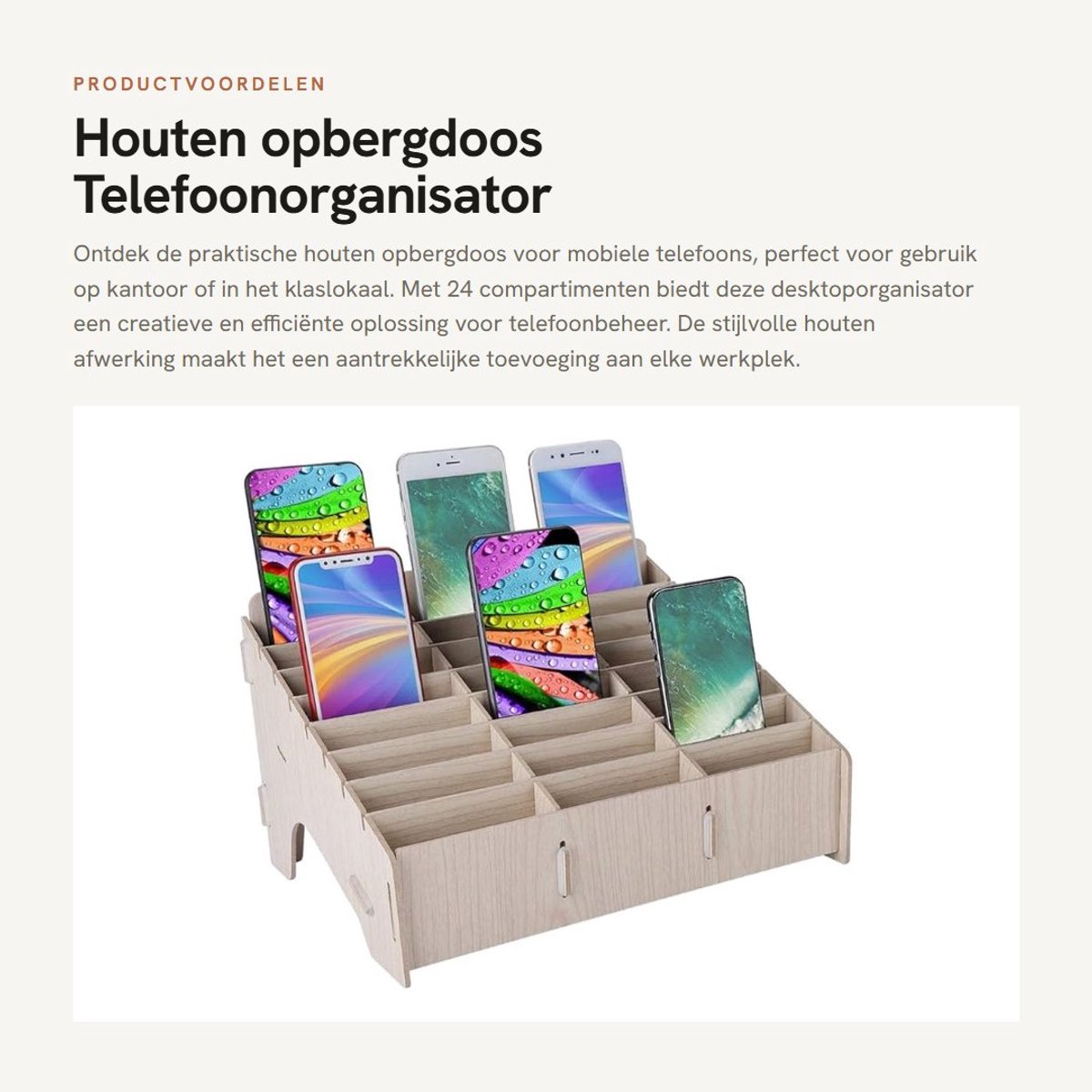 Dailygoods- Opbergdoos Houten - Telefoonhouder - Desktoporganisator - Meerdere Cellen - Duurzaam - 32,5 x 23,5 x 3,5 cm