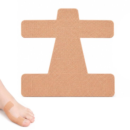Bande hallux valgus beige pré-coupée en forme de H, avec une partie sur un gros orteil.