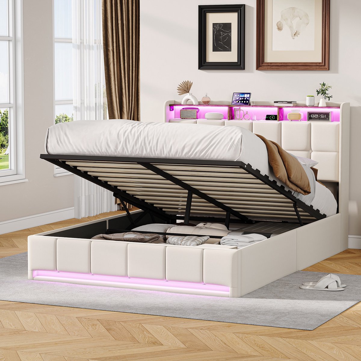 ROSAHQNDA Gestoffeerd bed, tweepersoonsbed 140x190 cm, hydraulisch bed met ledverlichting en USB-oplaadpoort, beige linnen hoes, zonder matras (verzonden in 2 pakketten)