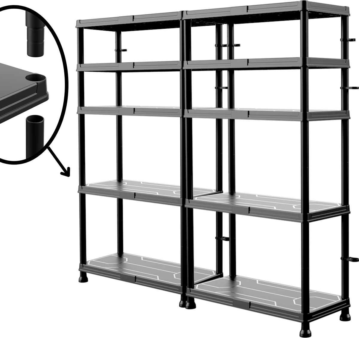 Qbrick Kunststof Stellingkasten 2 stuks - Mix 5 Planken – 74/148x32x134 cm – Kunststof Opbergkast met Wandbevestiging - Lichtgewicht Opbergrekken