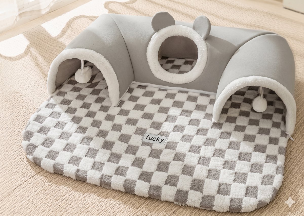 Sir.Pawsalot Luxe 2-in-1 Kattentunnel met Ligmat - Speeltunnel & Kattenmand in één - Interactief Kattenspeelgoed - Schaakbord Patroon - 75x55 cm - Grijs/Wit