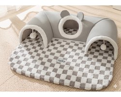 Sir.Pawsalot Luxe 2-in-1 Kattentunnel met Ligmat - Speeltunnel & Kattenmand in één - Interactief Kattenspeelgoed - Schaakbord Patroon - 75x55 cm - Grijs/Wit
