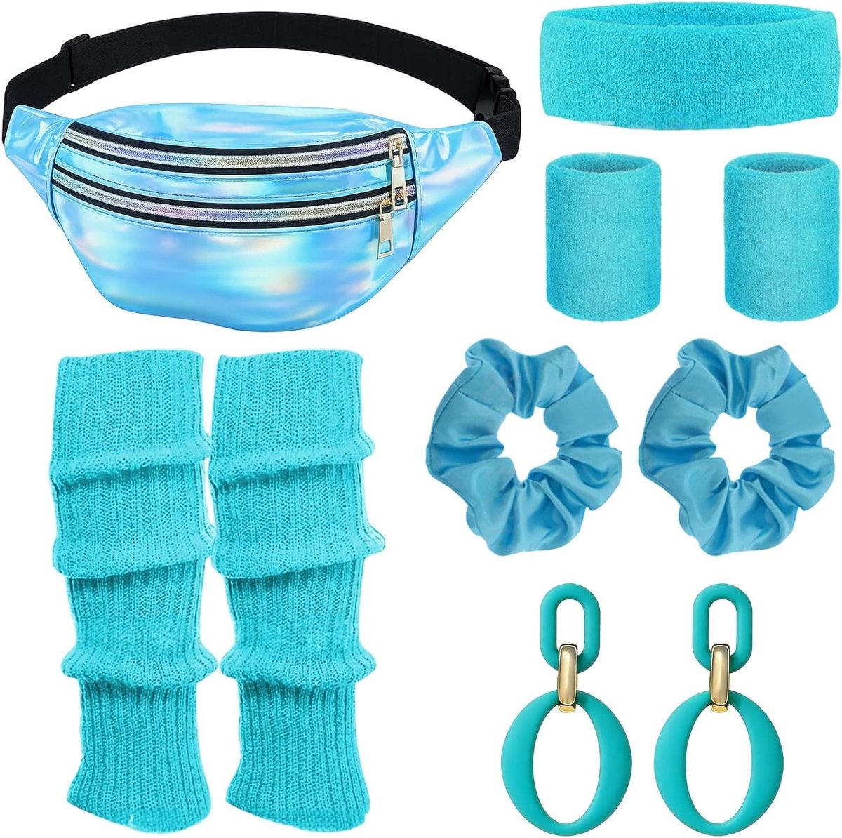 Retro 80s en 90s damesoutfit met kostuumaccessoires zoals haarband, beenwarmers, oorbellen, heuptas en zonnebril voor carnaval en themafeesten