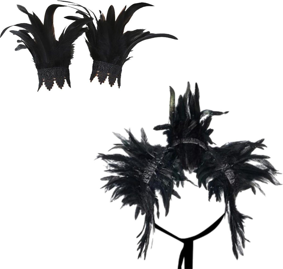 Sierlijke veren ketting en armband met schouderband voor Halloween kostuum en cosplay fotoshoots