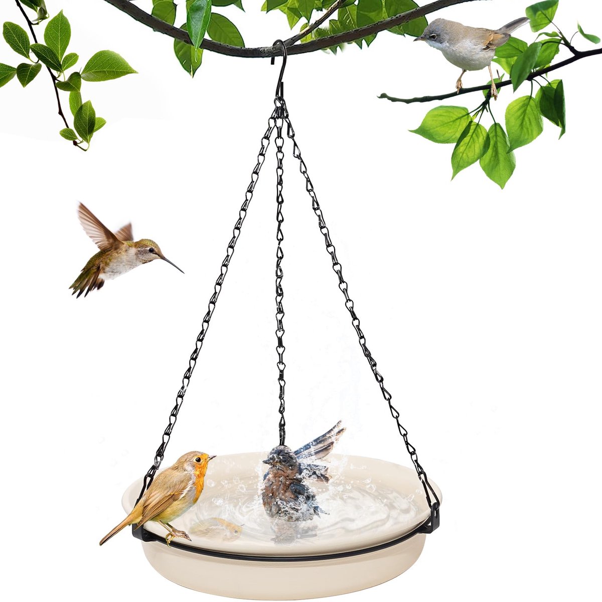 Hangende Vogelvoederbak en Vogelbad 28 cm - Vogelvoederhuisje - Vogelvoederstation voor Wilde Vogels - Inclusief Ketting en S-Haak - Crèmewit