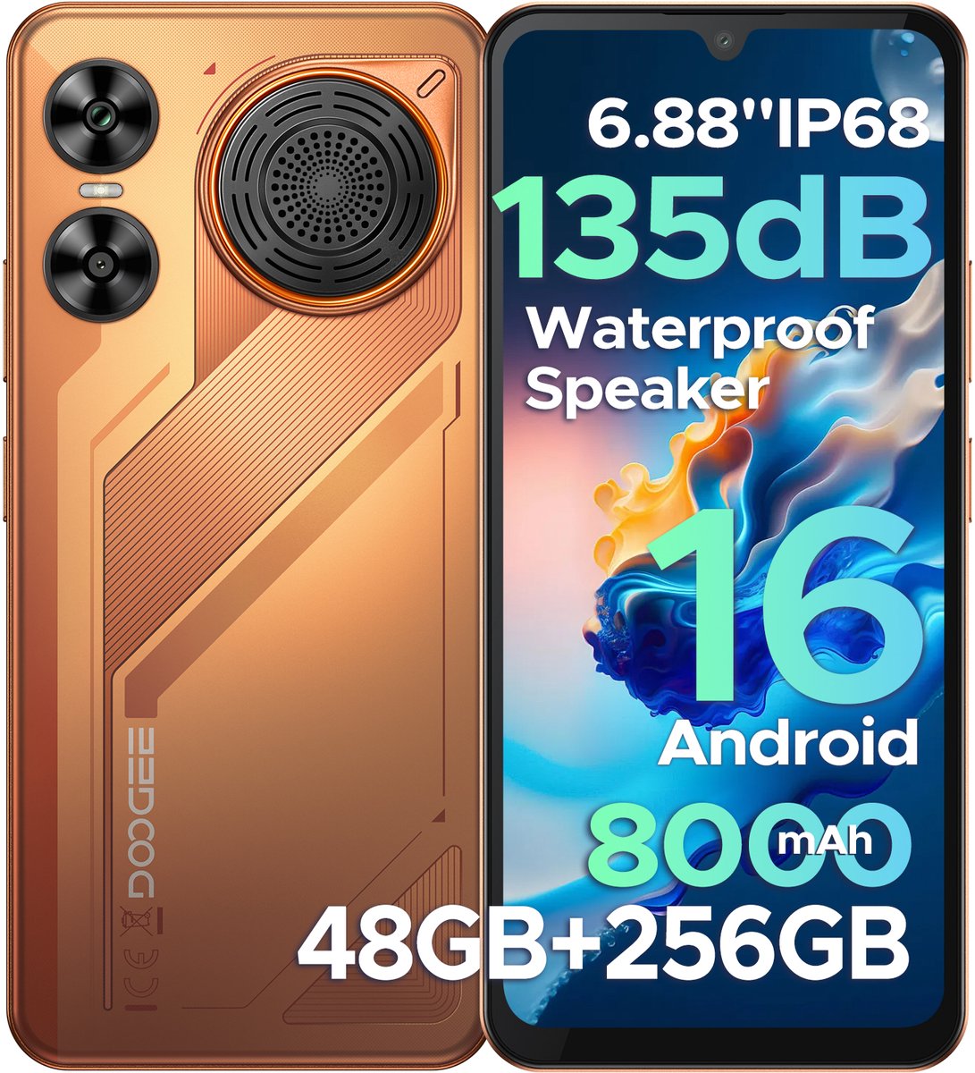 DOOGEE M30 - Rugged Smartphone - 48GB RAM + 256GB ROM (2TB/TF) - 6.88 Inth HD+ 120Hz - IP67 - Android 16 - 8000mAh/33W - 64MP Triple Camera - NFC - Fingerprint - 135dB Loudspeaker - Face ID - Oranje