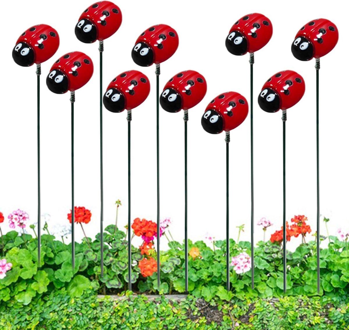 Lieveheersbeestje plantenpaaltjes - Decoratieve tuin - Tuin decoreren - Weerbestendig metaal - 10 stuks - Rood