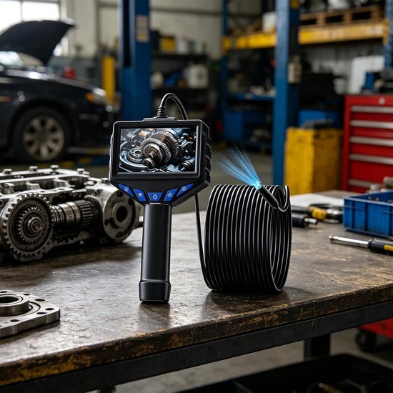 Inspectiecamera met scherm en opgerolde kabel op werkbank naast automotoronderdelen.