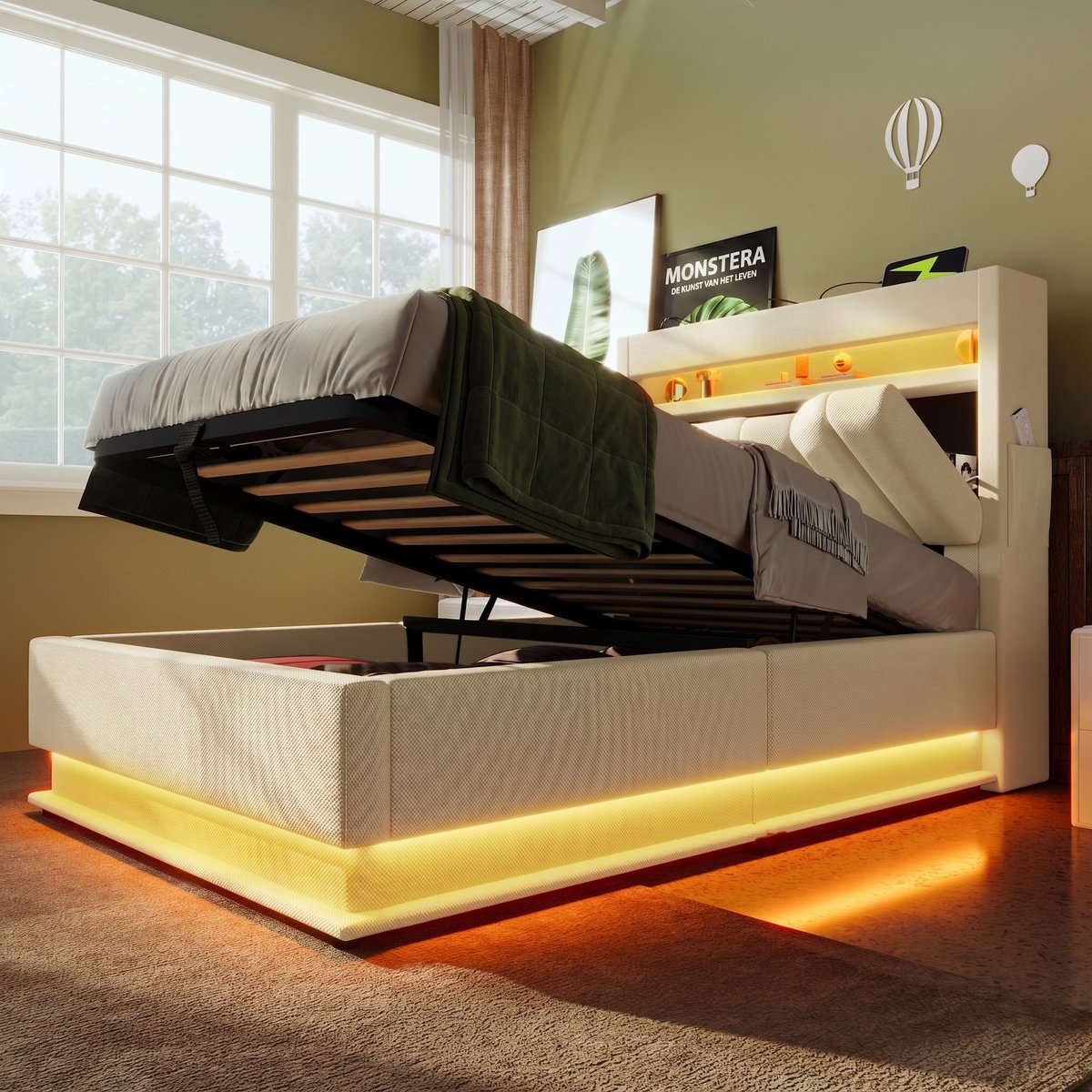VVBV Bed met opbergruimte 90x200 / Eenpersoonsbed 90x200 – met Hydraulische Opbergruimte, LED-Verlichting, USB, USB-C, Stopcontact – Hoofdbord – Linnen Beige
