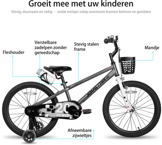 Joystar Pluto Kinderfiets - 20 inch - met mandje - met waterfles - zijwieltjes - bel - handrem - grijs van JOYSTAR — afbeelding 5