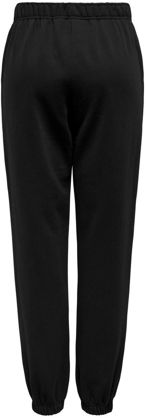 Achterkant van een zwarte joggingbroek met trekkoord en elastische enkelbanden, op een witte achtergrond.