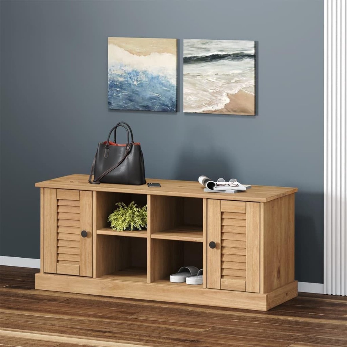 Schoenenbank met Opbergruimte 106 x 35 x 45 cm – Massief Grenenhout Halbank met 4 Open Vakken, 2 Opbergkastjes en Metalen Knoppen – Bruin – Mobili Bella