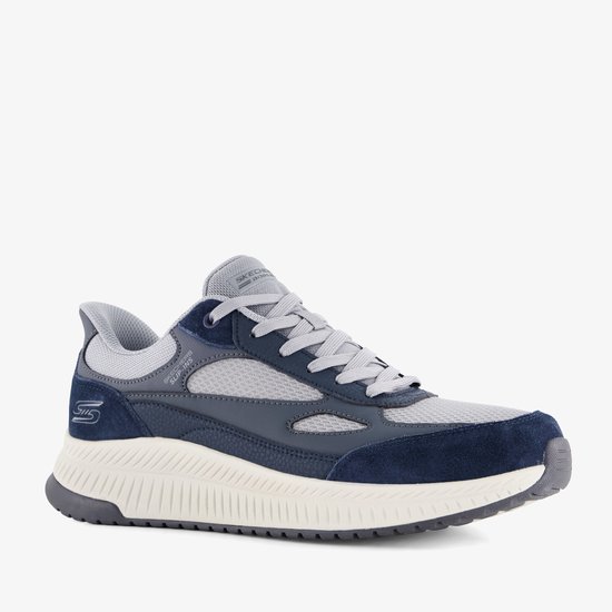 Blauwe Skechers Slip-ins herensneaker met grijs mesh en suède, witte zool.