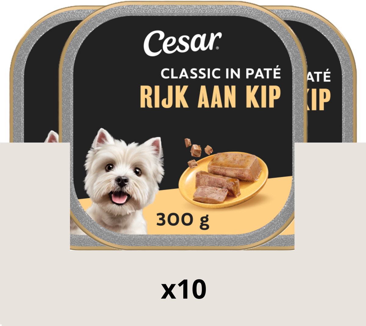 Cesar Classic in Paté 300 g x10 Adult Kuipje Rijk aan Kip Stukjes in paté-stijl