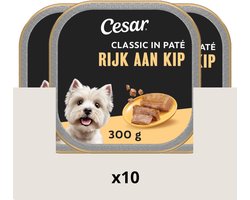 Cesar Classic in Paté 300 g x10 Adult Kuipje Rijk aan Kip Stukjes in paté-stijl