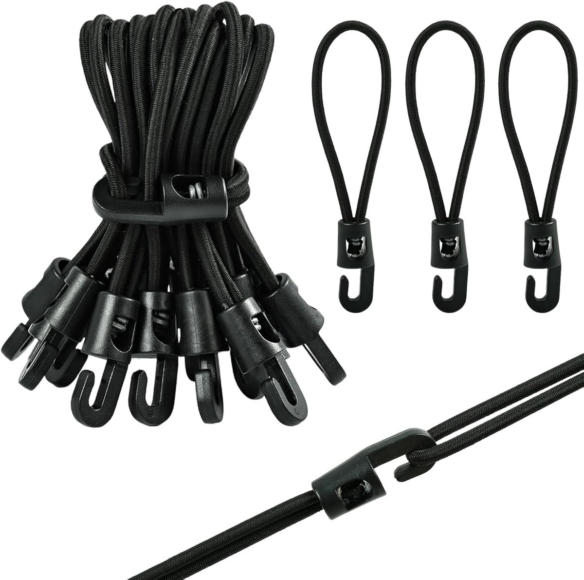 Spanners met haken - Elastische koorden - Zeil bevestigen - Verstelbare lengte - 10 cm - Zwart