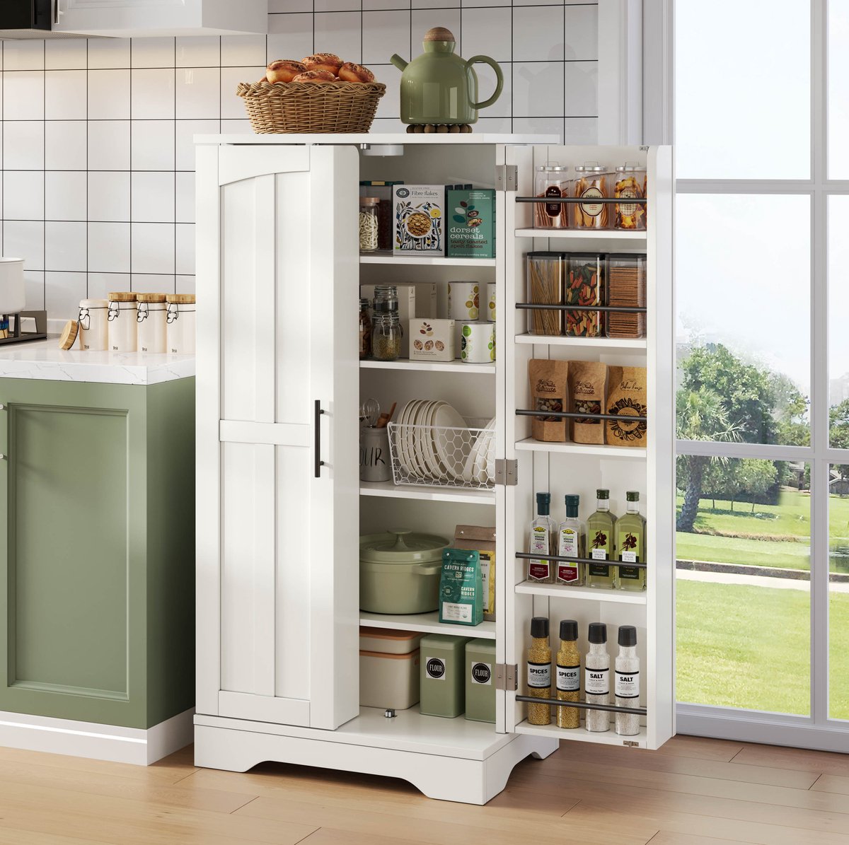 COVREO Keukenkast 120 x 60 x 40 cm - 2-deurs opbergkast met LED-sensorlicht, verstelbare plank, wit