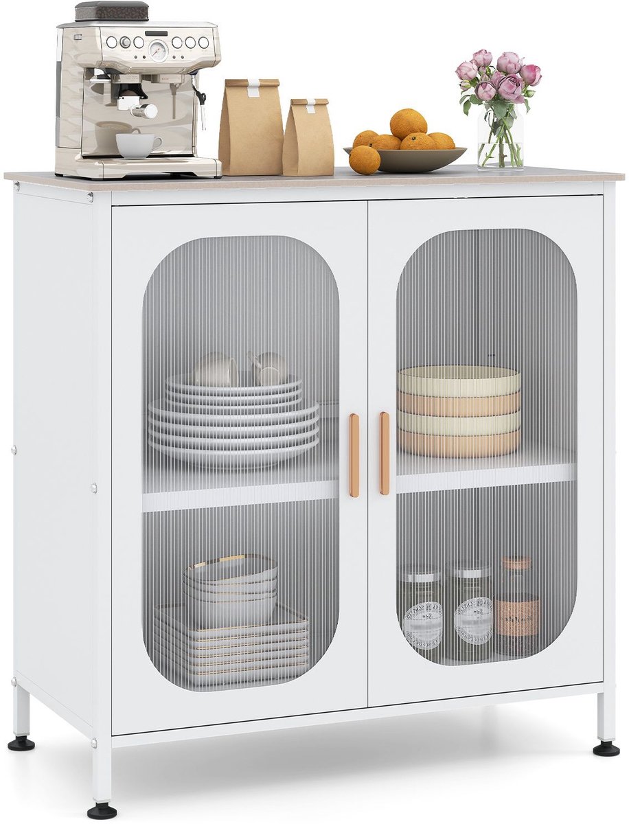 COSTWAY Sideboard met dubbele deur, commode met verstelbare plank (wit) | Buffetkast keukenkast, kast modern, opbergkast van koolstofstaal en gesinterde steen, 83 x 42 x 85,5 cm