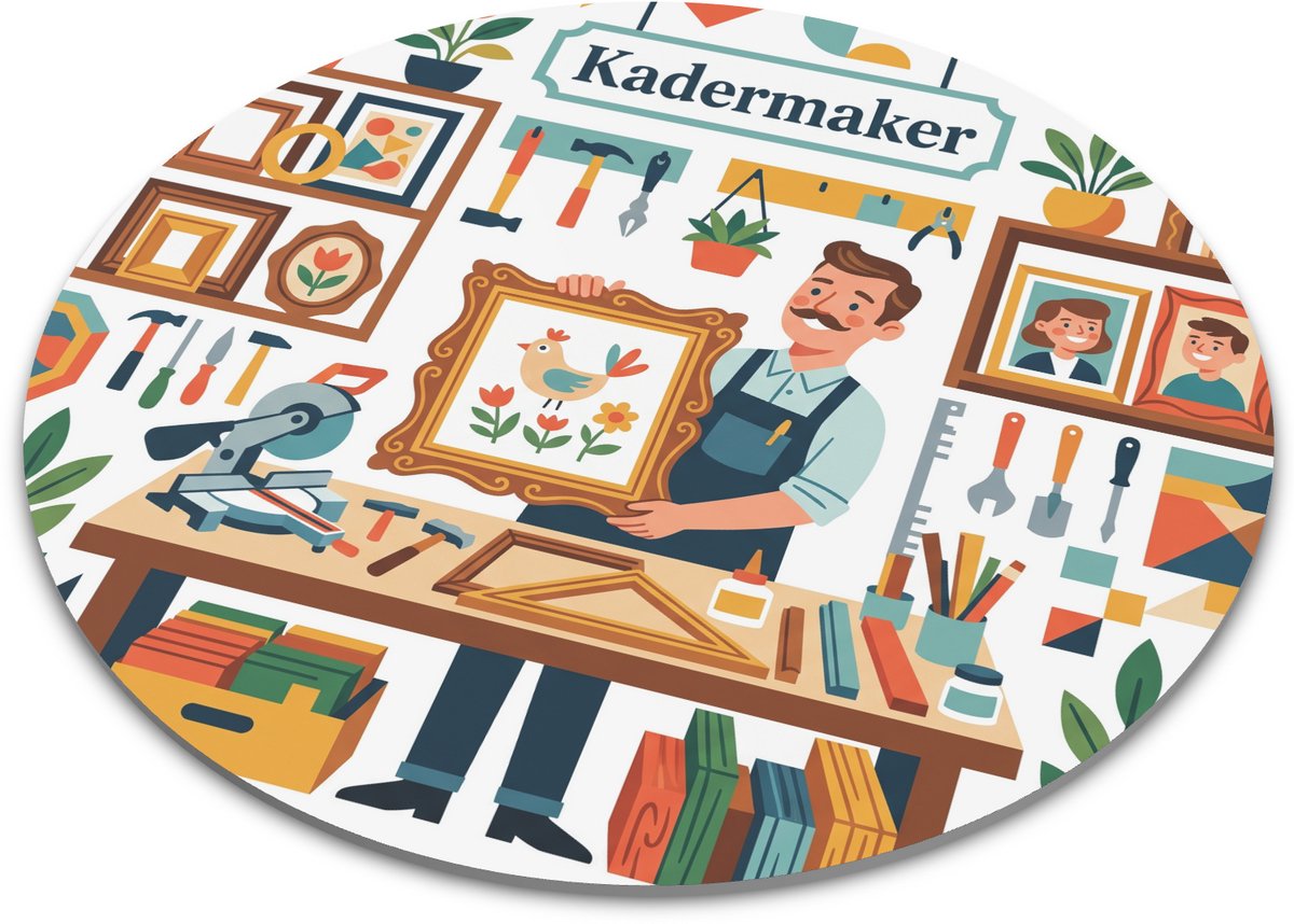 Ronde Muismat Kadermaker Mid-Century Retro Vintage Illustratie Beroep Stijlvolle Bureau Accessoire Thuiswerkplek Cirkel Vorm Onderlegger Muismat 22x22 cm