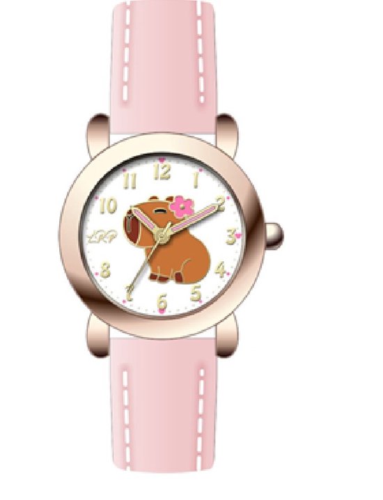 Roze kinderhorloge met een bruine capibara en roze bloem op de wijzerplaat, roségouden kast en lederen band.