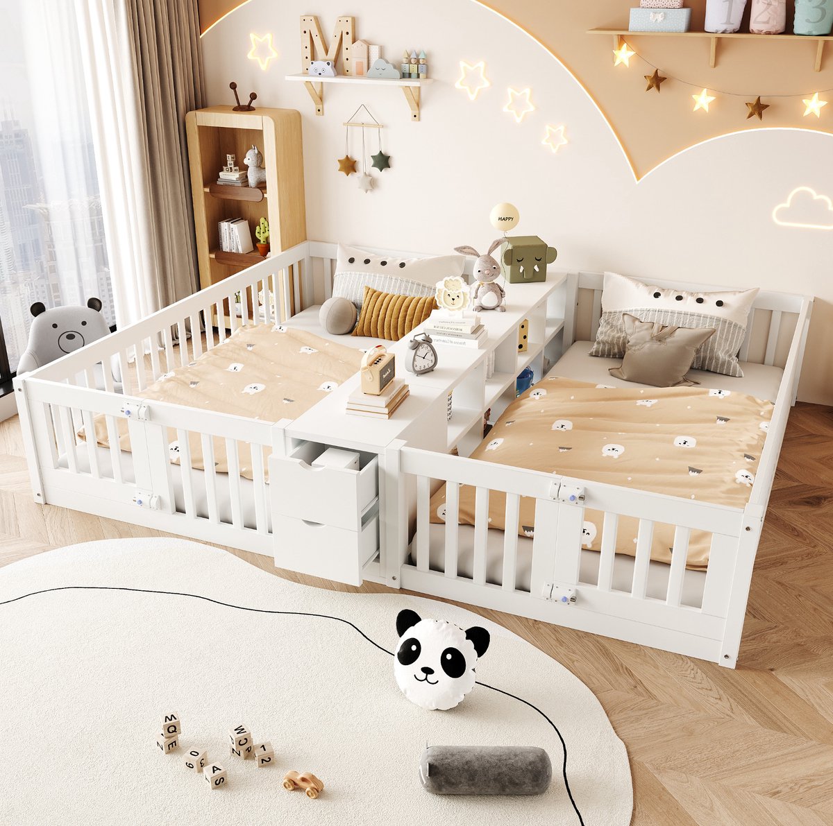 OKWISH Normaal Bed 90x200 cm - Kinder Tweebed Met Veiligheidshekken En Opbergrek - Met 2 Lades - Zonder Matras - Hout - Wit